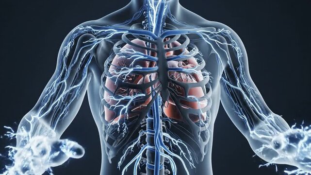 Human autonomic nervous system visualization showing nerves branching from brain to hands