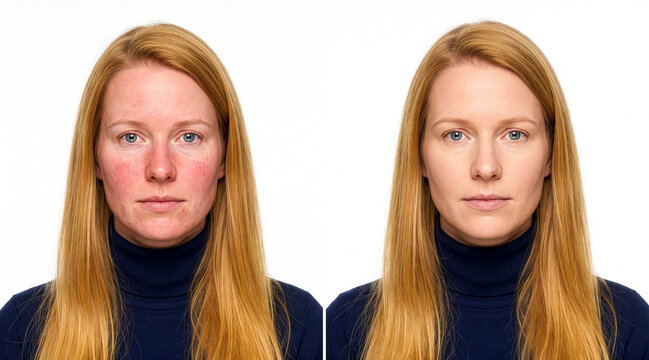 Woman's Face Before and After Rosacea Skin Treatment Comparison