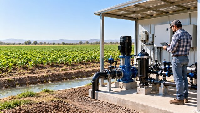 Agricultural irrigation pump station with field technician
