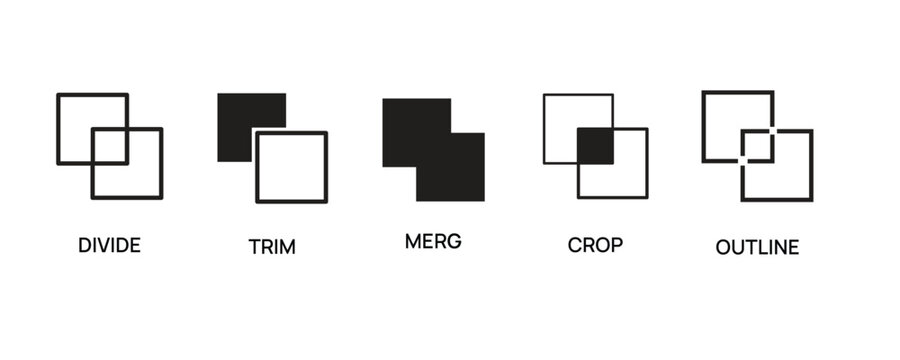 Pathfinder tool icons for graphic design software, vector set of 5 boolean operation symbols, divide, trim, merge, crop, and outline functions