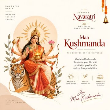 Maa kushmanda seated on a tiger surrounded by divine symbols during navaratri