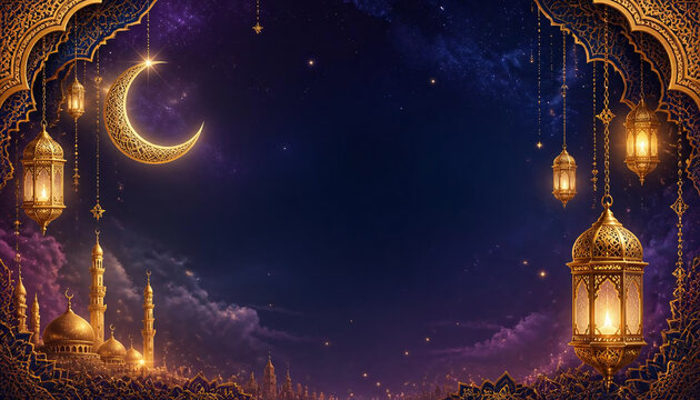 Luxury Ramadan Kareem and Eid Mubarak Night Background with Golden Crescent Moon and Copy Space