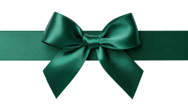 Dark emerald green satin ribbon tied in a decorative bow with horizontal tails