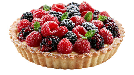 Fresh berry tart with raspberries blackberries and mint leaves dusted with sugar © Maria