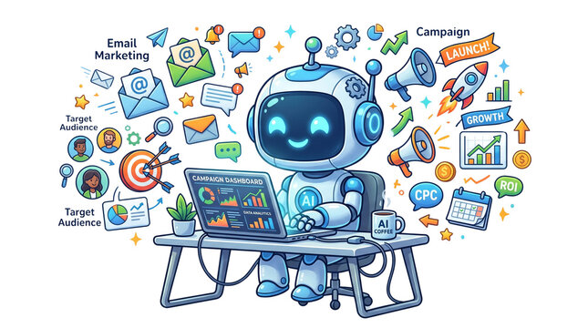 AI marketing robot character managing digital campaign, automated email marketing and target audience growth illustration, artificial intelligence assistant