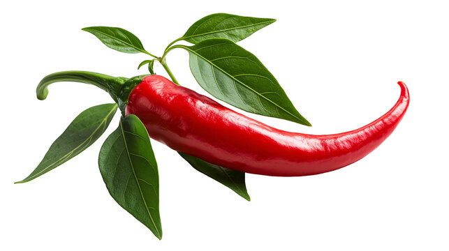 Fresh red chili pepper with green leaves attached
