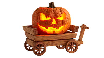 Carved glowing jack-o-lantern pumpkin sitting in a small rustic wooden toy wagon © Maria
