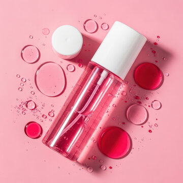 Clear pink cosmetic spray bottle with liquid drops on a light pink surface top view