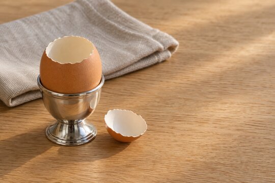 Empty brown eggshell in a metal egg cup