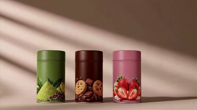 3D Mockup of Three Blank Cylinder Snack Canisters, Static Cookie Tubes with Flavor Illustrations on Solid Background