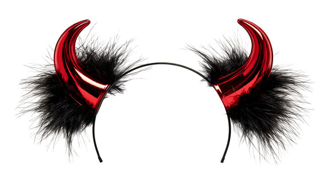 Shiny red plastic devil horns headband with black fluffy feather trim