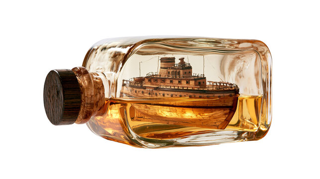 Miniature wooden ship inside a rectangular glass bottle filled with amber liquid