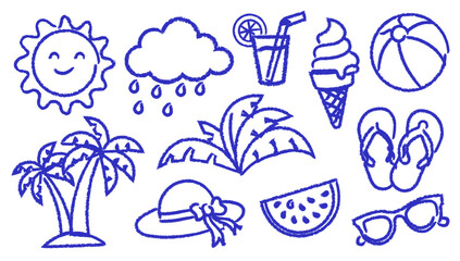 Fototapeta premium Set of handdrawn summer vacation icons featuring sun, rain cloud, drink, ice cream, beach ball, palm trees, hat, watermelon slice, flip flops, and sunglasses