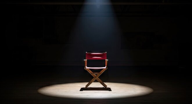 Red director chair on stage under dramatic spotlight.