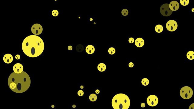 Emoji faces animation floats with surprised expressions. Interactive digital social messaging graphics use emoji faces. Audience emotional reaction feedback animates faces.