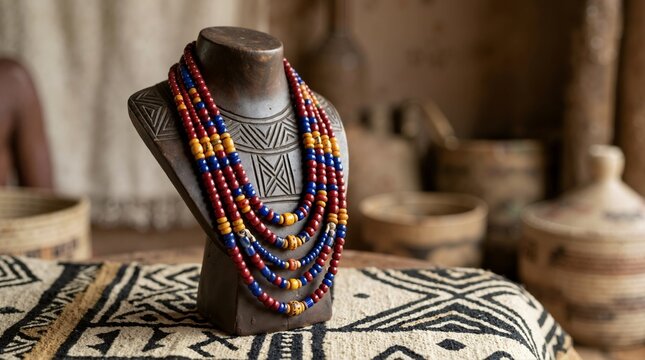 Traditional African bead necklace displayed on carved wooden bust. Multistrand tribal jewelry on ethnic patterned textile