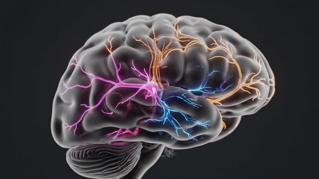 Human brain anatomy with glowing neural pathways and electrical signals on dark background