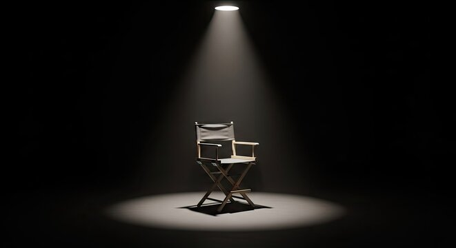Small director chair centered under distant overhead spotlight