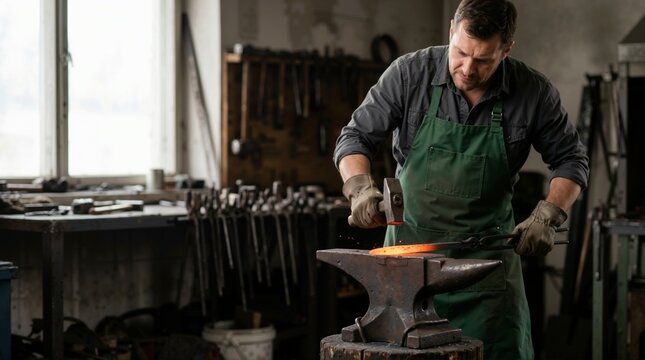 Blacksmith hammering glowing red hot iron on anvil. Metalworker forging steel bar in workshop. Traditional craft and blacksmithing concept
