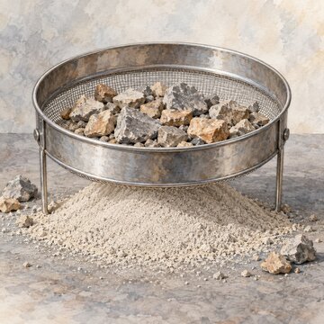 Metal sieve separating coarse rubble from fine powder