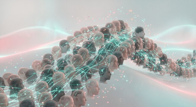 Layered translucent profiles linked by neural pathways and emotion waves showing long-term mental health trends, resilience, stress, and psychological burden.