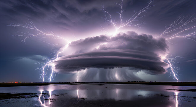Powerful supercell storm clouds illuminated by vivid purple lightning strikes over water