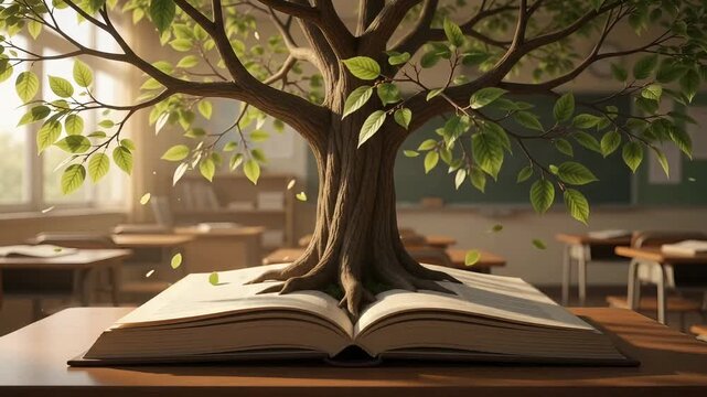 Concept of knowledge with vibrant tree growing from open book