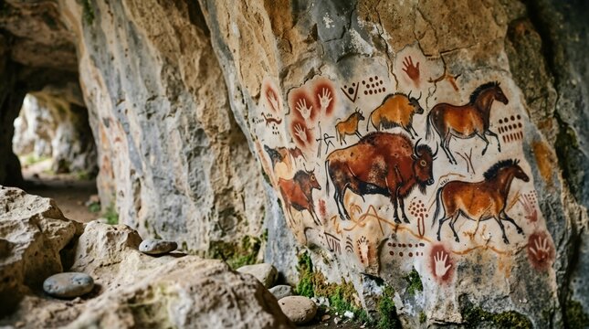 Prehistoric cave paintings on stone wall inside rocky cavern. Ancient rock art depictions of bison, horses and human hand stencils. Paleolithic archaeology concept