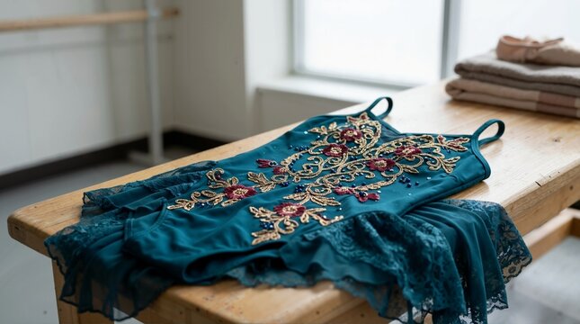 Embroidered dance costume on wooden bench in rehearsal studio. Teal leotard with gold and floral needlework beside ballet pointe shoes