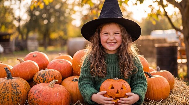 Smiling girl in witch hat holding jack-o-lantern at pumpkin patch, Halloween autumn child