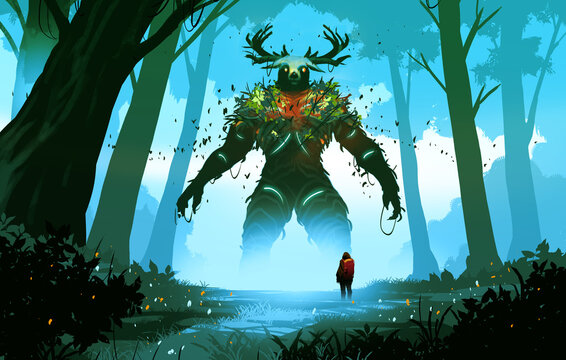 Giant Forest Guardian Confronting a Lone Adventurer in an Enchanted Forest.