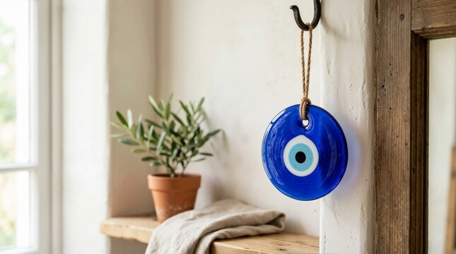 Blue glass evil eye charm hanging on a wall hook. Traditional nazar amulet suspended on a rope cord indoors beside a potted olive plant. Protection and spiritual talisman concept
