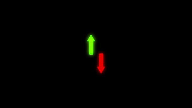 Directional arrows animation points up and down on dark space. Market volatility analytics track on directional arrows. Economic trading shifts guide the arrows.