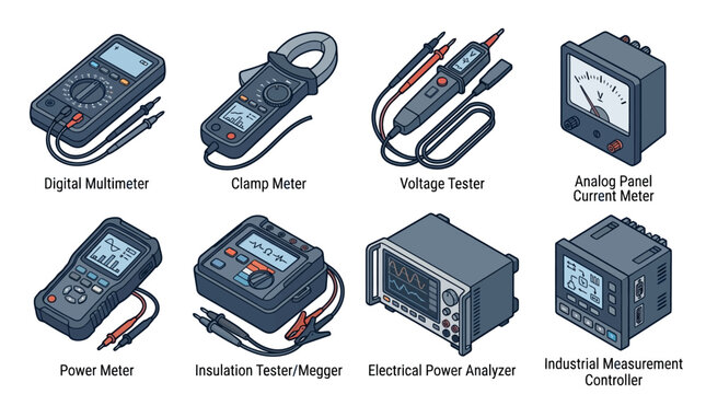Vector illustrations showing various electrical tools like multimeters and testers in an isometric style. Perfect for technical manuals and engineering educational materials.
