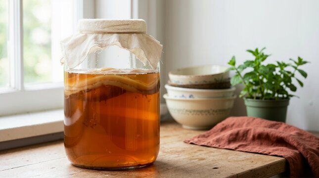 Kombucha scoby fermenting in glass jar on wooden windowsill. Homemade probiotic tea beverage with breathable cloth cover. Fermentation process and healthy drink concept