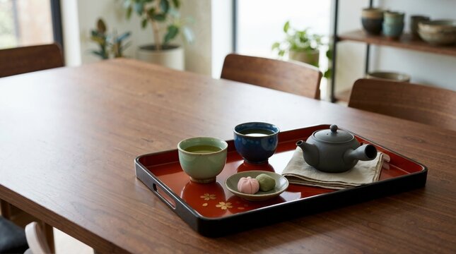 Lacquerware serving tray with green tea and wagashi on wooden table. Traditional Japanese teaware set with teapot, ceramic cups, and sweets. Hospitality and tea ceremony concept