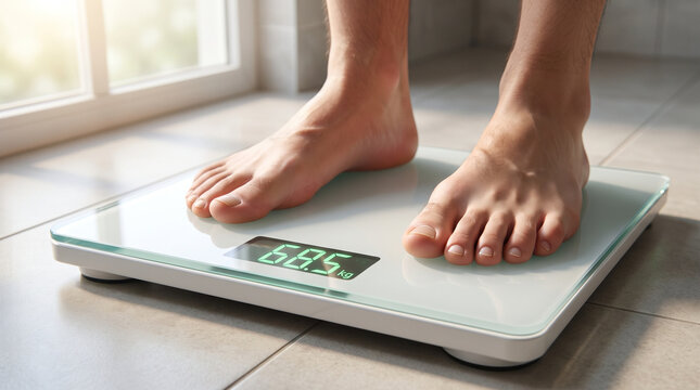 Person checking weight on digital scale in bright bathroom  