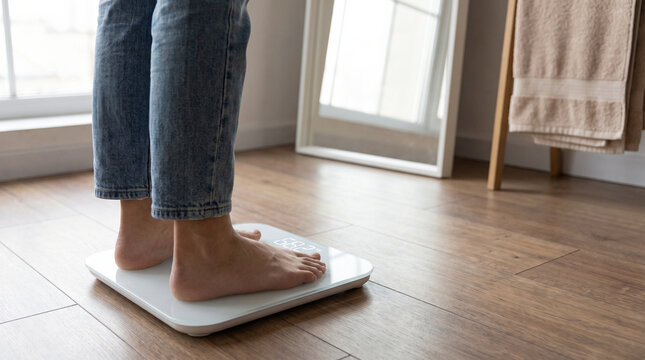 Person checking weight on digital scale in a modern bathroom  