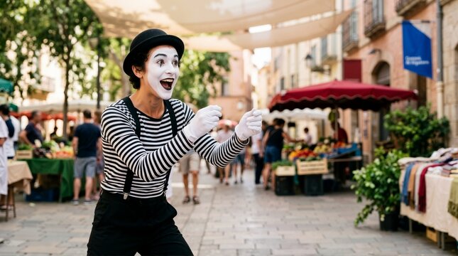 Mime artist with white face paint performing on a European street market. Street performer wearing bowler hat and striped shirt entertaining outdoors
