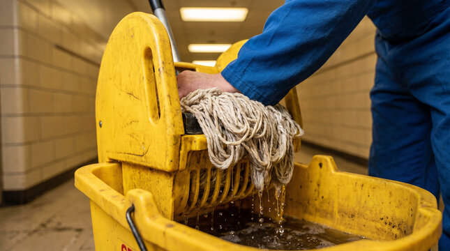 Janitor mopping school hallway floor with yellow mop bucket  