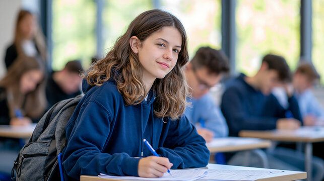 Students sitting in organized rows taking a written exam in a large bright classroom, young adults focused on answering questions on exam papers, individual desks spaced evenly apart, teacher superv