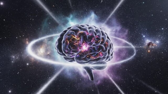 Human brain emitting bright energy rays and light rings within a deep space nebula