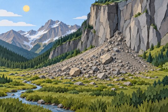 Illustrated rockfall slope beneath a mountain cliff