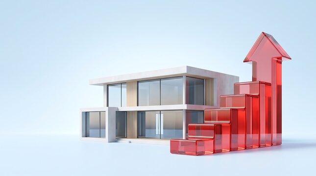 Modern house illustration with ascending red arrow blocks representing growth in real estate investment portfolio