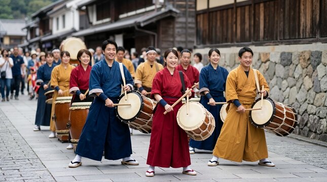 Traditional drum procession marching along a historic street. Japanese taiko drummers in colorful kimono performing during a festival