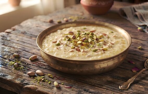 Delicious traditional Indian sweet kheer rice pudding garnished with pistachios, almonds, and saffron strands arranged in a brass bowl on a rustic wooden table.
