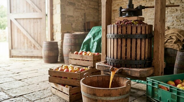 Traditional fruit pressing with apple juice flowing into a wooden bucket. Vintage cider press with crates of harvest apples in a barn