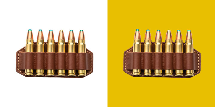 A row of rifle bullets inside a brown leather ammunition holder transparent png