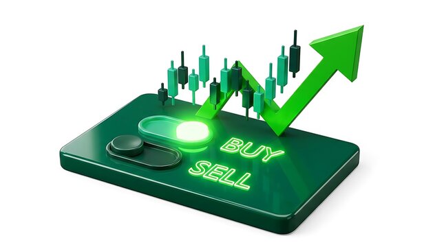 3d render of a trading platform interface with a glowing buy switch, candlestick chart, and a rising green arrow indicating financial market growth and profit