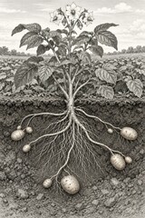 Fototapeta premium Potato plant and underground tubers in a botanical drawing